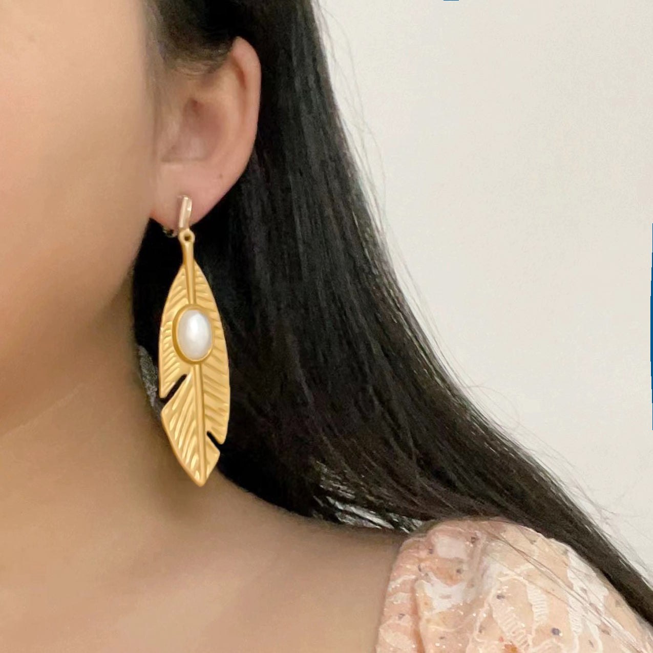 Golden Leaf White Pearl Earrings