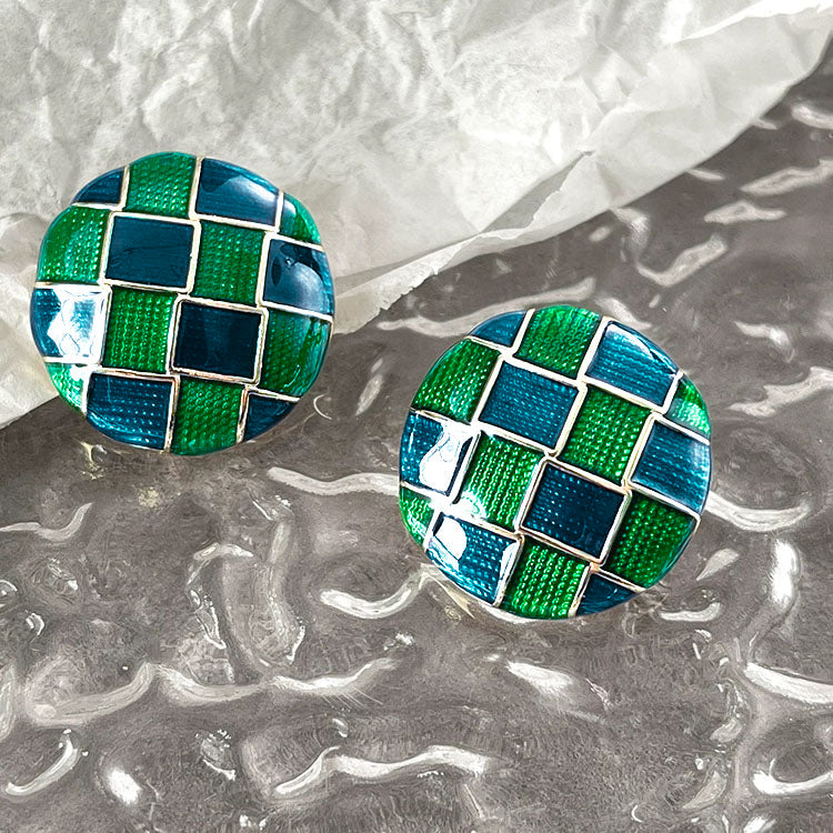 Checkerboard Teal Stud Earrings