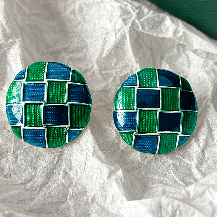 Checkerboard Teal Stud Earrings