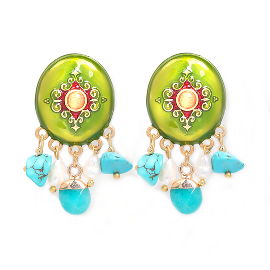 Green Disc Vintage Drop Earrings