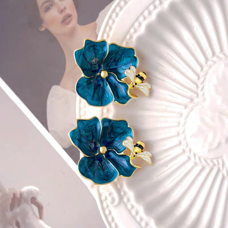 Blue Flower Bee Drop Earrings