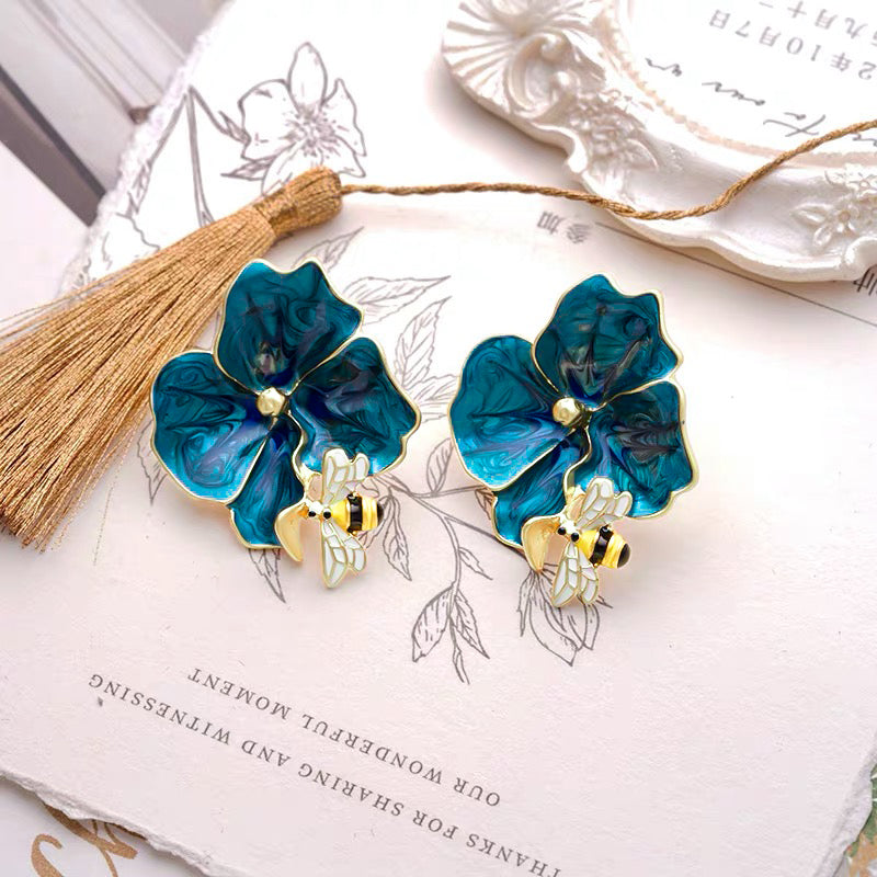 Blue Flower Bee Drop Earrings