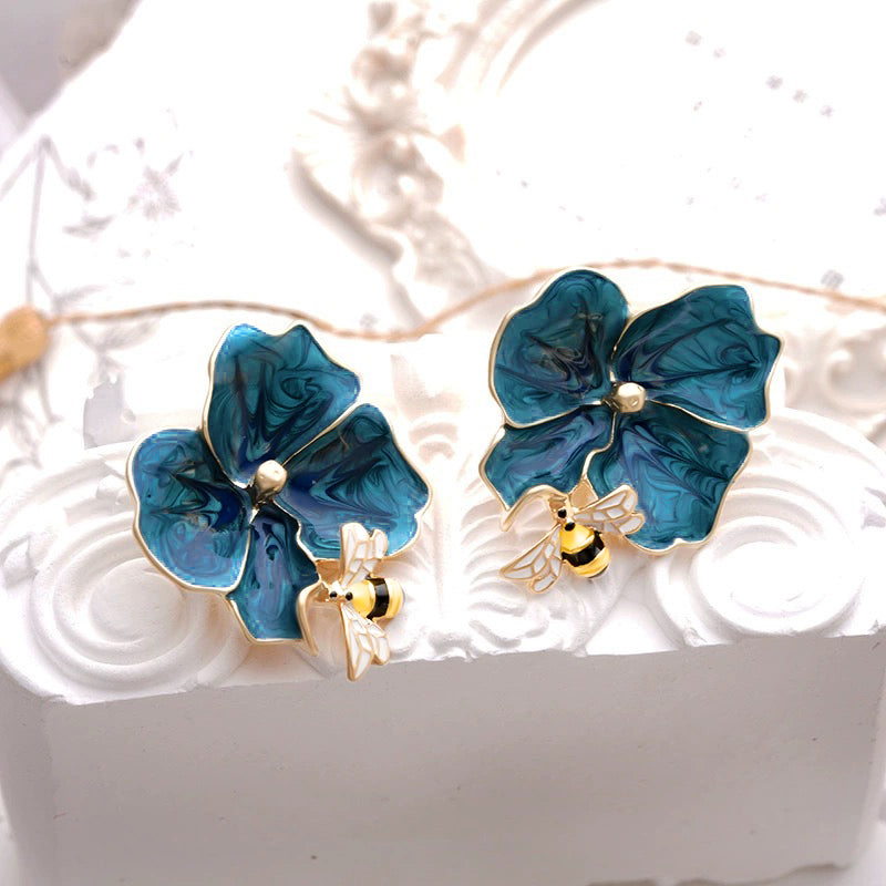 Blue Flower Bee Drop Earrings