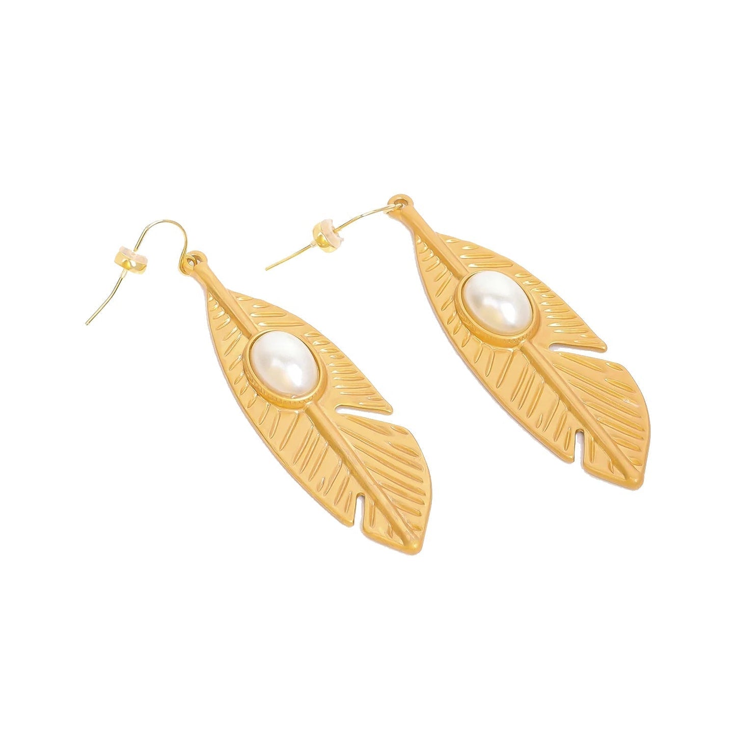 Golden Leaf White Pearl Earrings