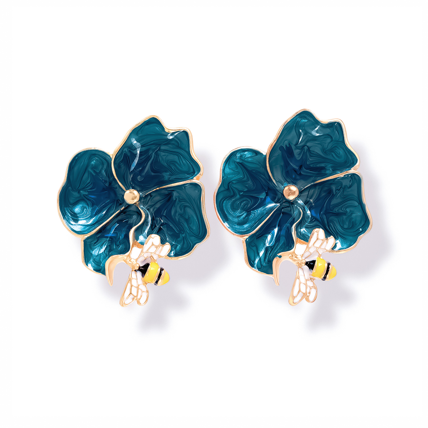 Blue Flower Bee Drop Earrings