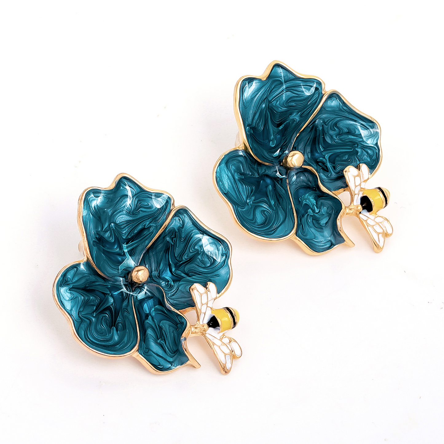 Blue Flower Bee Drop Earrings