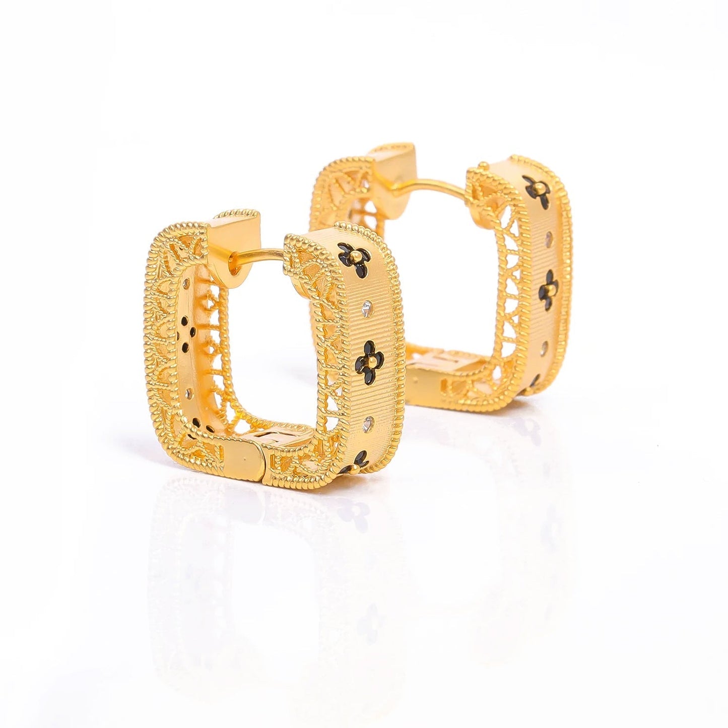 Four Leaf Clover Gold Square Hoop Earrings