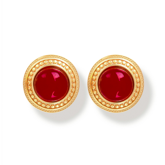 Gold Ring Red Bead Stud Earrings