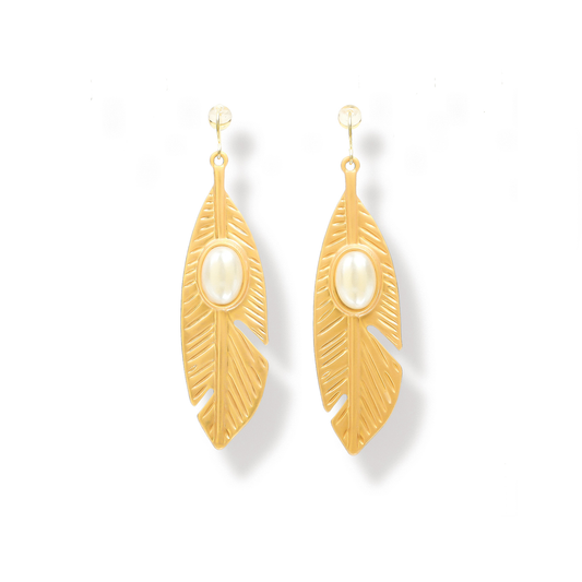 Golden Leaf White Pearl Earrings