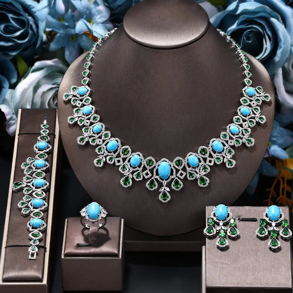 Artificial Turquoise Zircon Jewelry Set (4-piece set)