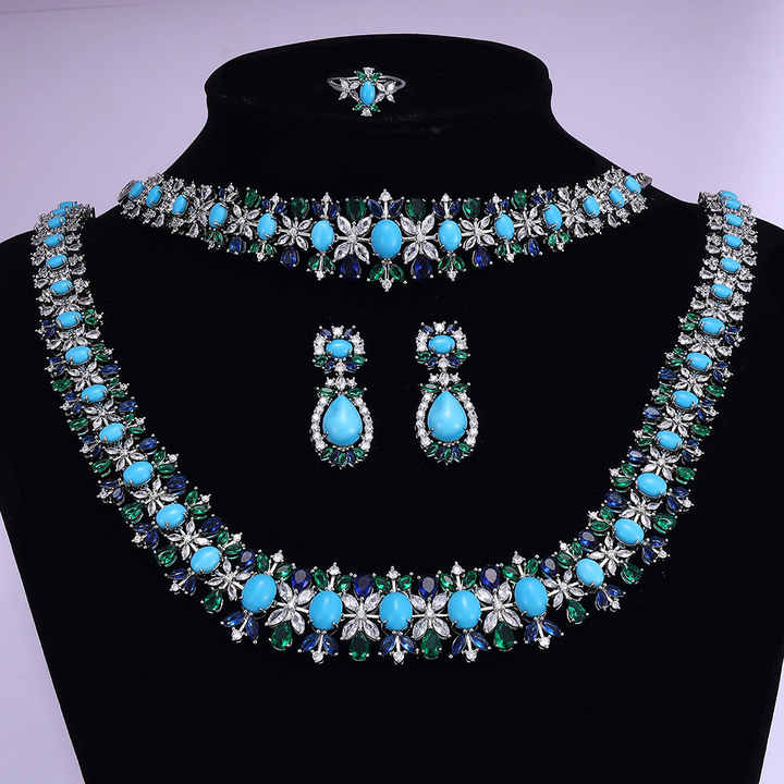 Blue Cubic Zirconia Heavy-Duty Dinner Wedding Jewelry Set (4-piece set)