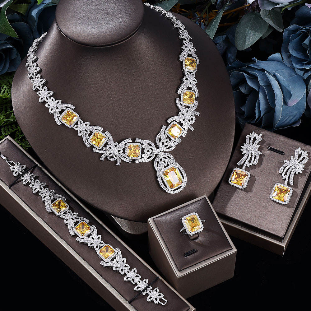 4-piece luxury square zircon bridal wedding jewelry set