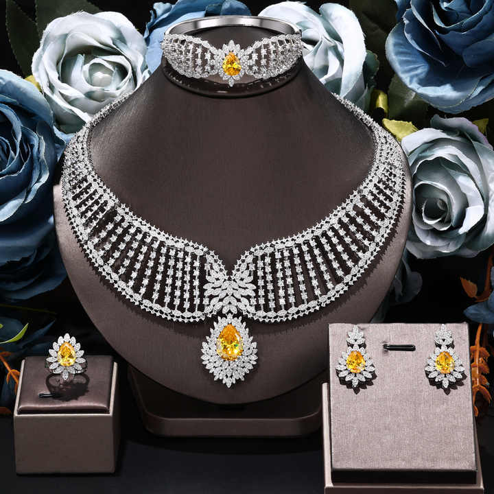 Luxury Women's CZ Necklace Earrings Bracelet Ring Jewelry Set