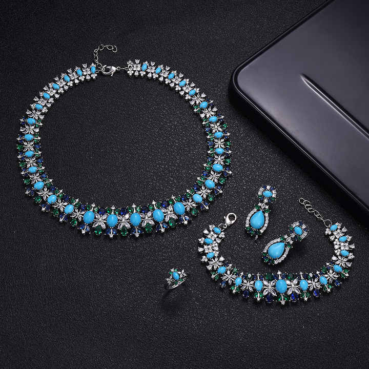 Blue Cubic Zirconia Heavy-Duty Dinner Wedding Jewelry Set (4-piece set)