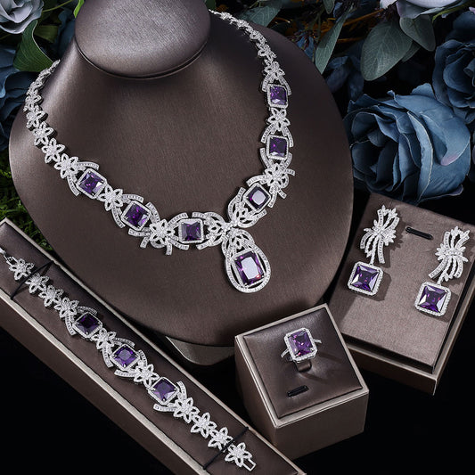 4-piece luxury square zircon bridal wedding jewelry set