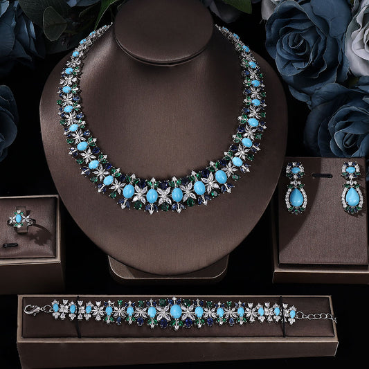 Blue Cubic Zirconia Heavy-Duty Dinner Wedding Jewelry Set (4-piece set)