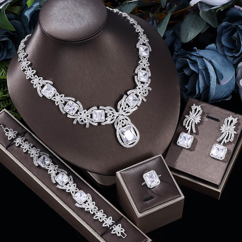 4-piece luxury square zircon bridal wedding jewelry set