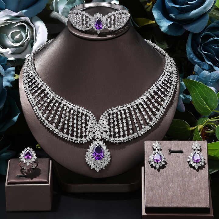 Luxury Women's CZ Necklace Earrings Bracelet Ring Jewelry Set