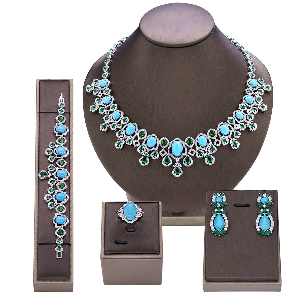 Artificial Turquoise Zircon Jewelry Set (4-piece set)