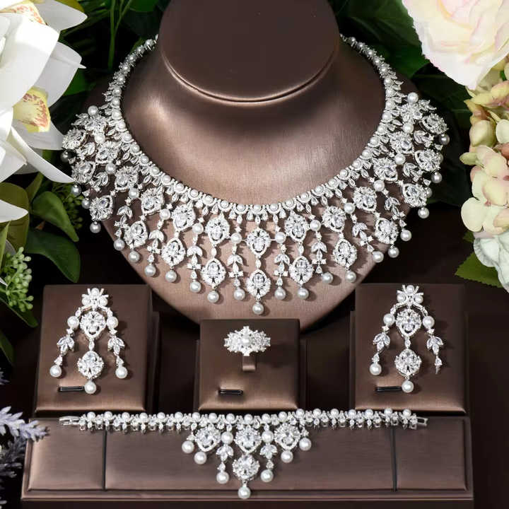 Luxury Pearl and Zirconia Wedding Jewelry Set