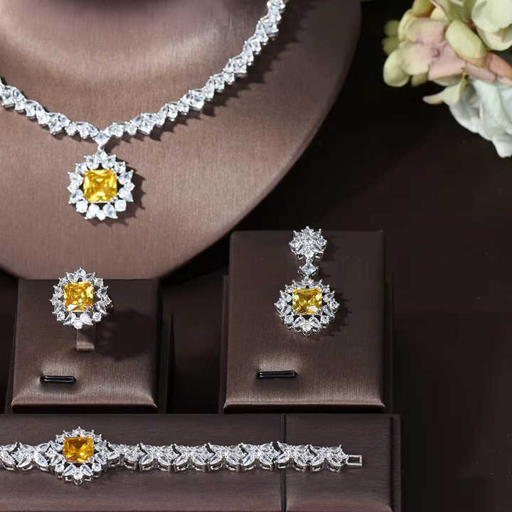 HIBRIDE Luxury Square Yellow CZ Jewelry Set