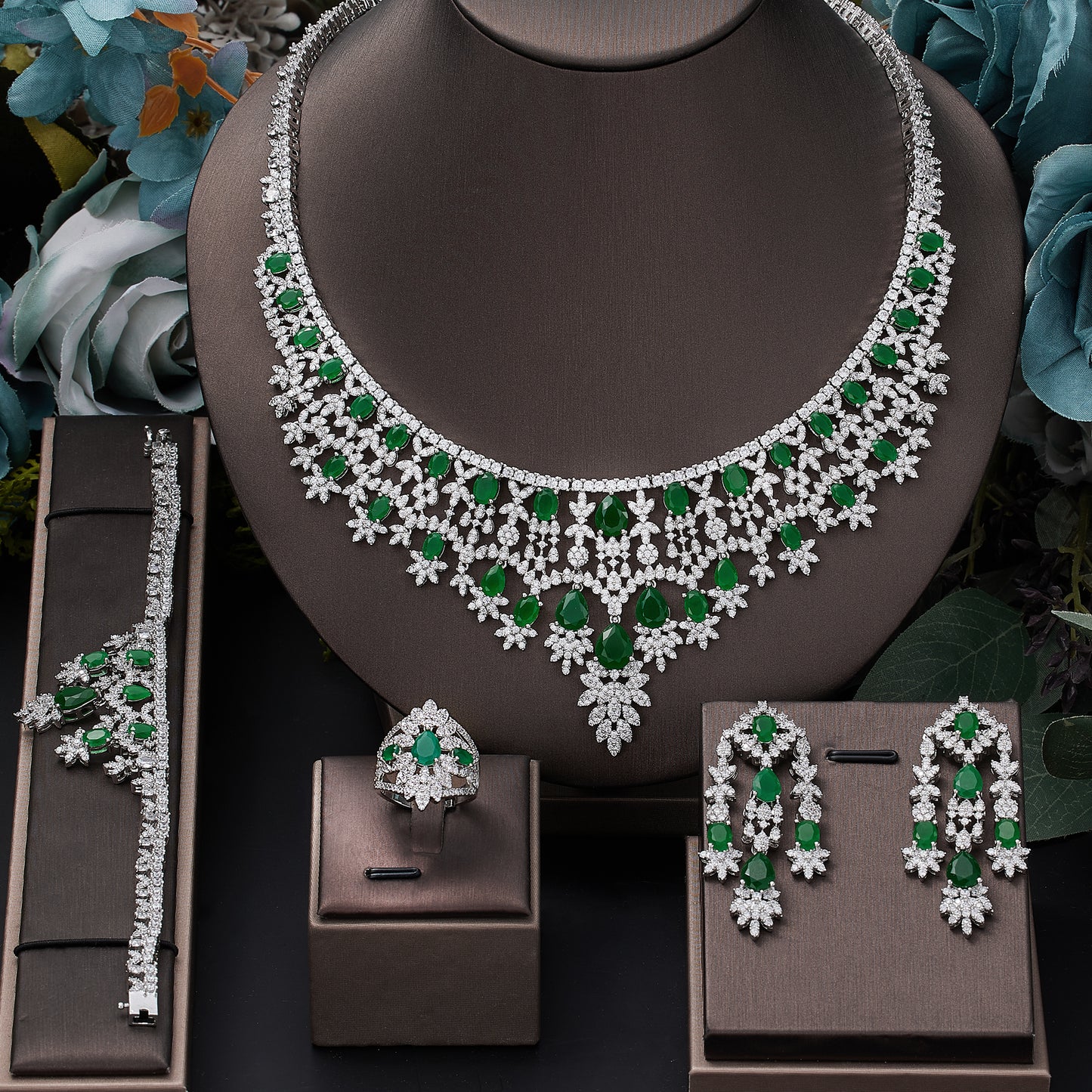 Luxury Dubai Jewelry Set | CZ Zircon 4-piece Bridal Wedding Jewelry Set