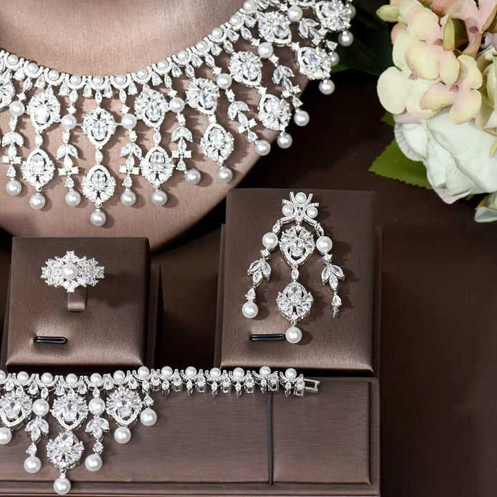 Luxury Pearl and Zirconia Wedding Jewelry Set