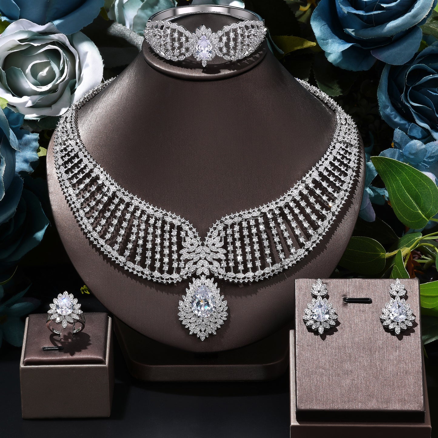 Luxury Women's CZ Necklace Earrings Bracelet Ring Jewelry Set