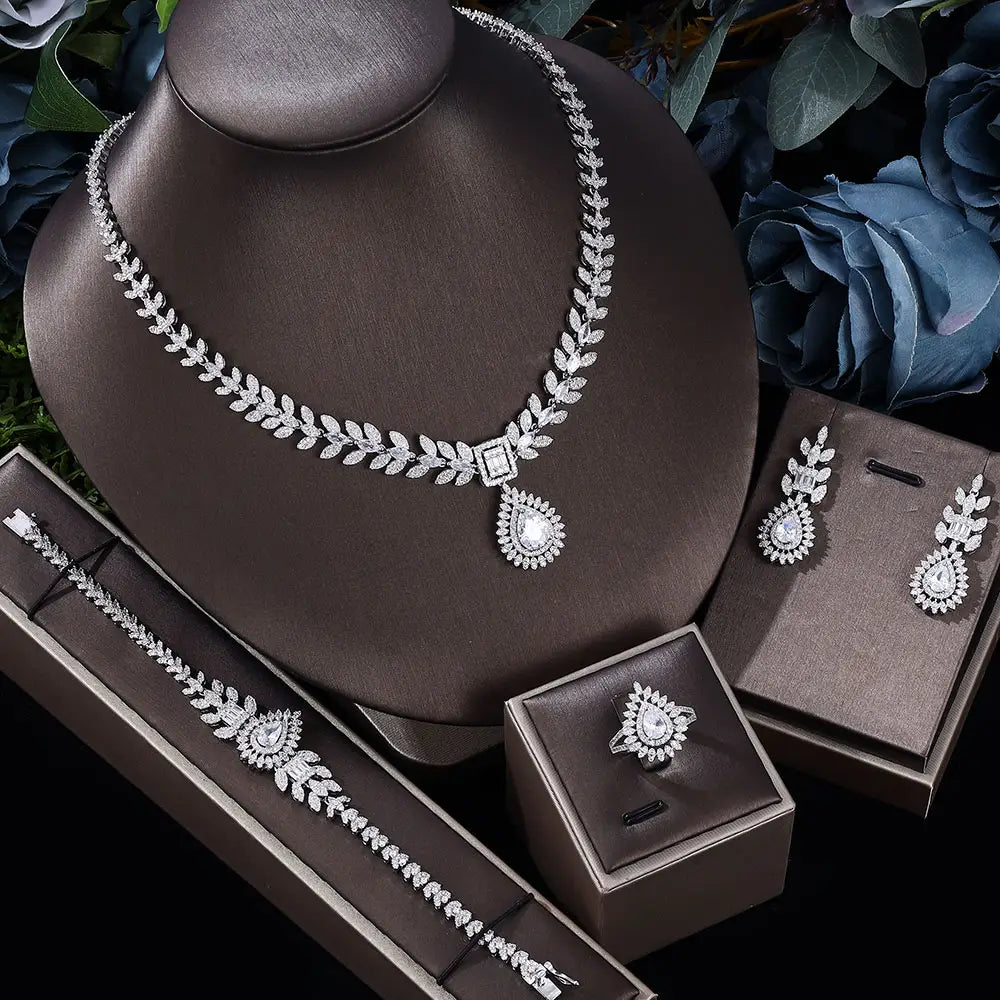 Elegant Leaf and Teardrop Zirconia Jewelry Set